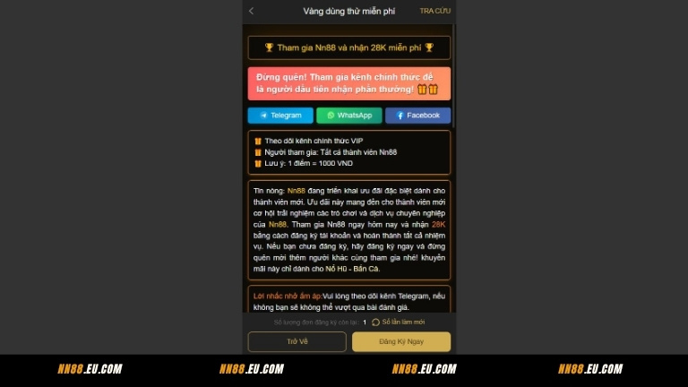 Quà tặng miễn phí – Thưởng trải nghiệm 28K tại NN88