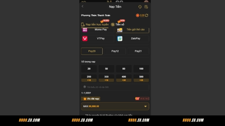 Tiền gửi thẻ cào – Cách nạp nhanh và linh hoạt tại NN88
